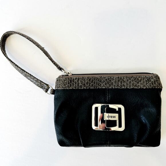 Guess wristlet faux black leather w/sparkly snake print trim - Picture 1 of 6